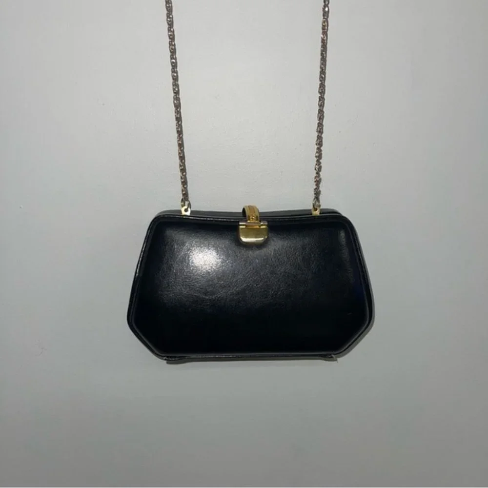 Vintage Farnell Paris Clutch Evening‎ Crossbody Bag Black Gold 1980s Solid Purse